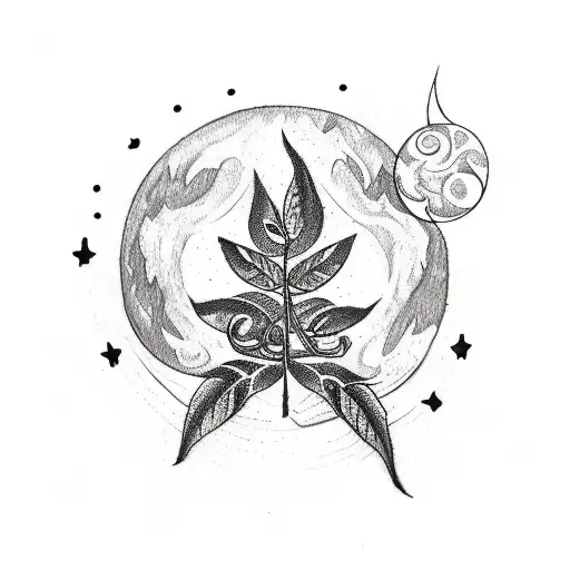 A sketch-style tattoo of the ayahuasca vine and leaves with the moon and stars shining above tattoo design idea