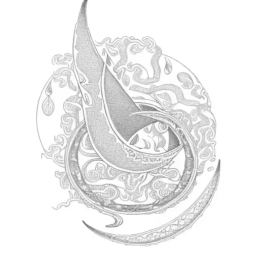 An intricate design of a long ayahuasca vine with leaves intertwining with a crescent moon and stars tattoo design idea