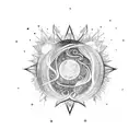 A celestial scene featuring a full moon surrounded by stars and a long ayahuasca vine with leaves wrapping around them tattoo design idea