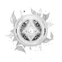 A celestial scene featuring a full moon surrounded by stars and a long ayahuasca vine with leaves wrapping around them tattoo design idea