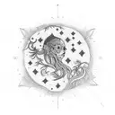 A celestial scene featuring a full moon surrounded by stars and a long ayahuasca vine with leaves wrapping around them tattoo design idea