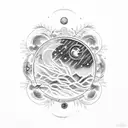 A celestial scene featuring a full moon surrounded by stars and a long ayahuasca vine with leaves wrapping around them tattoo design idea