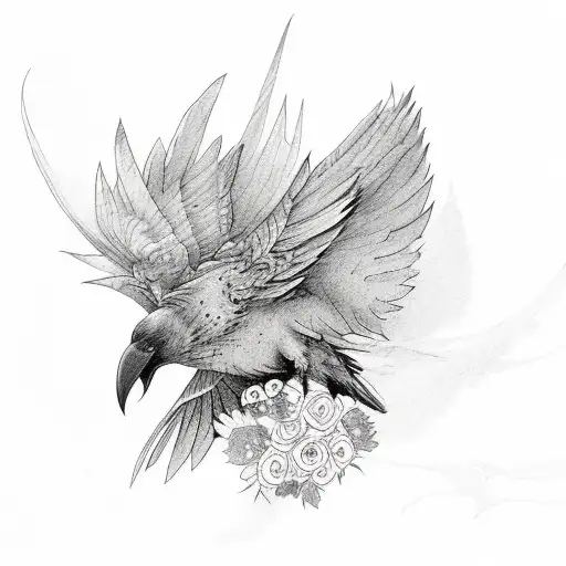 Morrigan with raven and flowers tattoo design idea