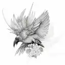 Morrigan with raven and flowers tattoo design idea