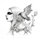 Morrigan with raven and flowers tattoo design idea