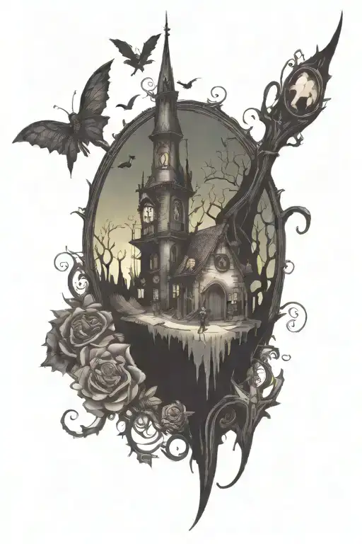 forearm sleeve tattoo  tim burton version of peter pan/neverland dark and sinister  tattoo design idea