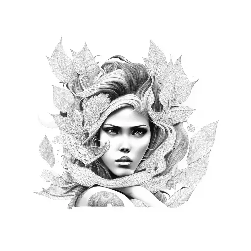 A beautiful woman with flowing hair made of swirling coffee beans and leaves, done in black-grey style tattoo design idea