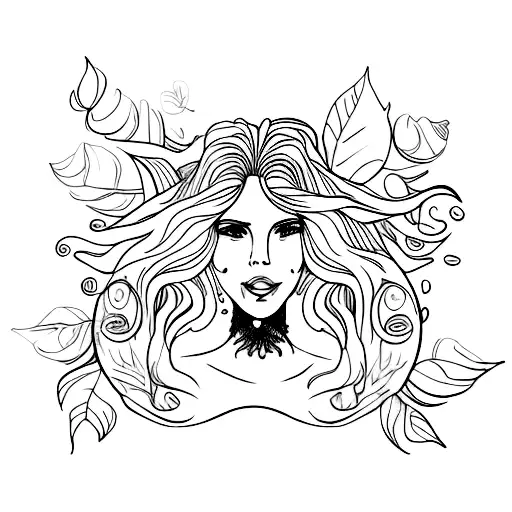 A beautiful woman with flowing hair made of swirling coffee beans and leaves, done in black-grey style tattoo design idea