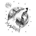 A wolf howling at the moon while snowboarding down a mountain tattoo design idea