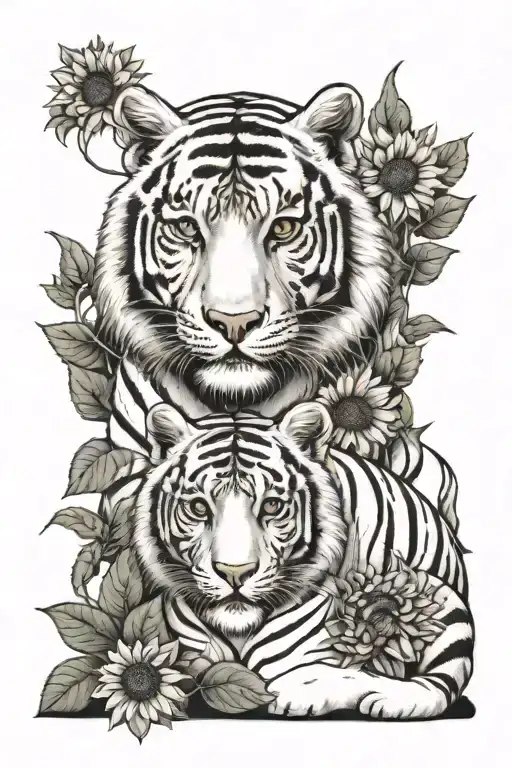 white tiger with cub surrounded by sunflowers tattoo design idea