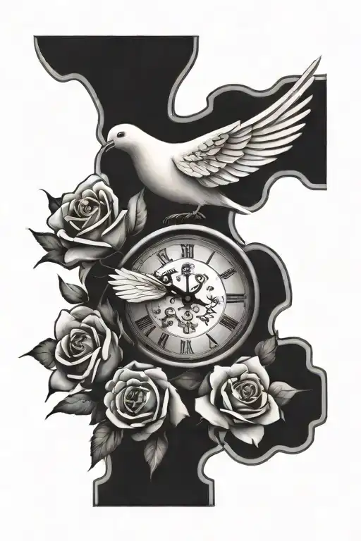 Dove with roses, clock, and cross tattoo tattoo design idea