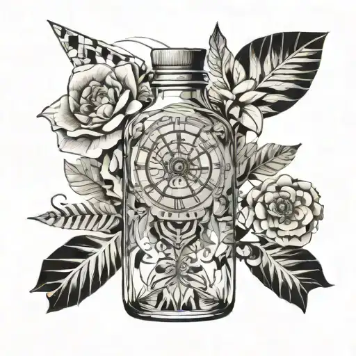 love, dreams, memories, clock, paper flower, Mayan mask inside a glass bottle with a paper plane tattoo design idea