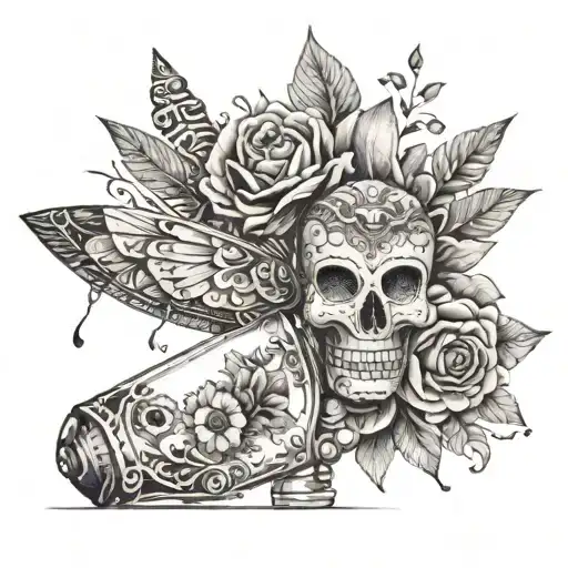 love, dreams, memories, clock, paper flower, Mayan mask inside a glass bottle with a paper plane tattoo design idea