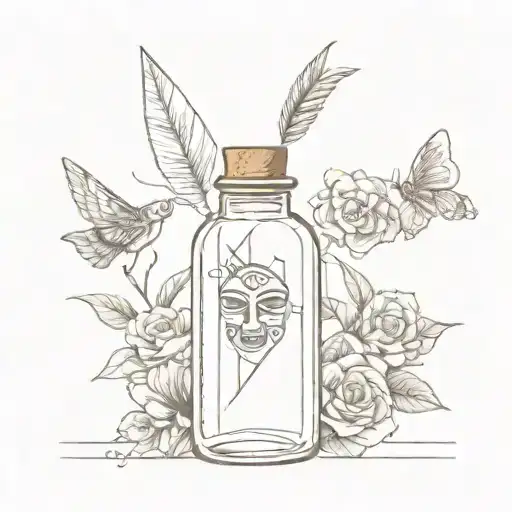 love, dreams, memories, clock, paper flower, Mayan mask inside a glass bottle with a paper plane tattoo design idea