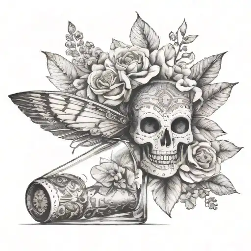 love, dreams, memories, clock, photo,paper flower, Mayan mask inside a glass bottle with a paper plane tattoo design idea