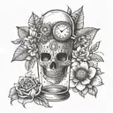 love, dreams, memories, clock, paper flower, Mayan mask inside a glass bottle with a paper plane tattoo design idea