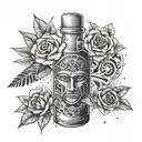 love, dreams, memories, clock, paper flower, Mayan mask inside a glass bottle with a paper plane tattoo design idea