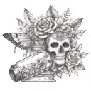 love, dreams, memories, clock, photo,paper flower, Mayan mask inside a glass bottle with a paper plane tattoo design idea