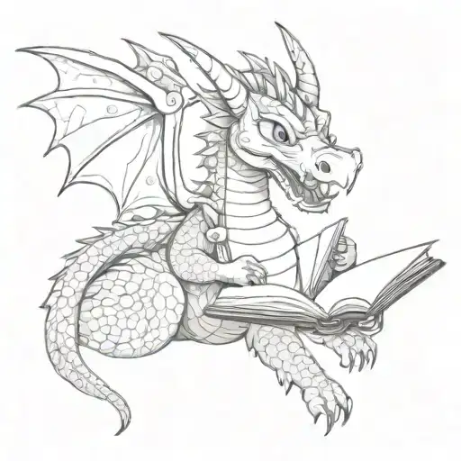 cute dragon with headphones and a book open wings tattoo design idea