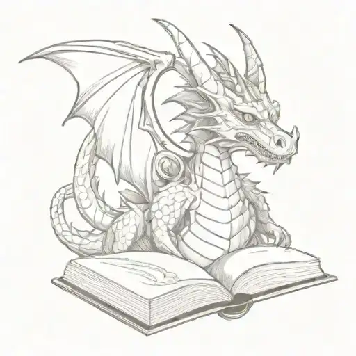dragon with headphones and a book open tattoo design idea
