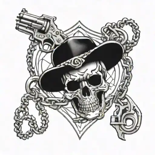 skull revolver heart chains in diamond shape tattoo design idea