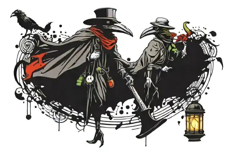 Can you design a leg tattoo in a trash polka style that include a plague doctor, crow, and a lantern tattoo design idea