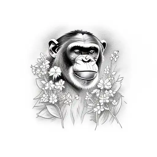 chimpanzee sideways looking at his hands with  flowers tattoo design idea