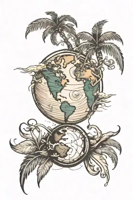 The earth and plain with palm and trip around the World tattoo design idea