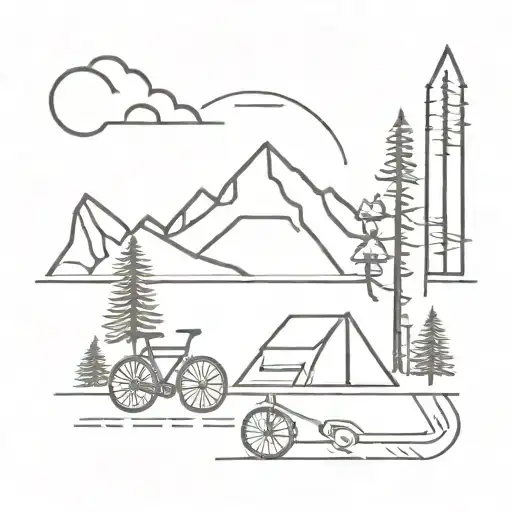 snowcapped mountains, pine trees, campfire, bicycle, surfboard, ace card  tattoo design idea