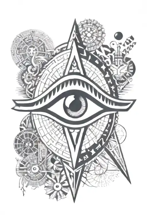 An eye of Horus surrounded by symbols of different countries the client has traveled to tattoo design idea