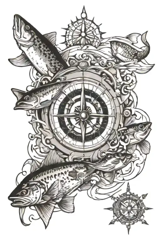compass ice fishing hunting scene tattoo design idea