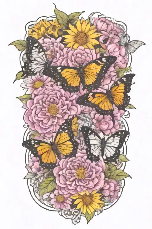 chrysanthemum, orchid, sunflower intertwined with butterflies  tattoo design idea