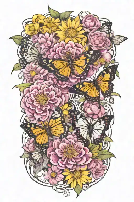 chrysanthemum, orchid, sunflower intertwined with butterflies  tattoo design idea