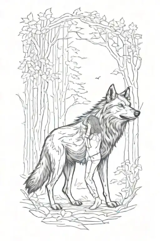 black wolf growling in forest scene and woman standing tattoo design idea