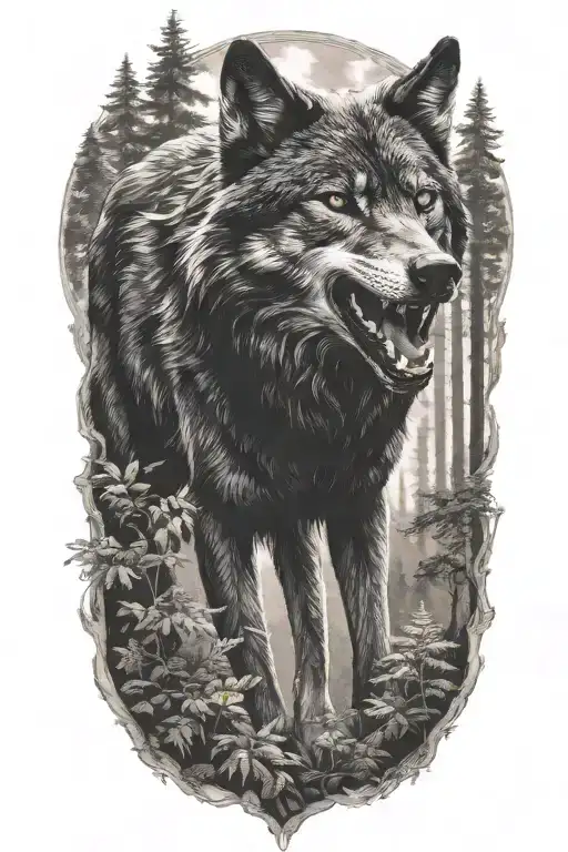 black wolf growling in forest scene with woman tattoo design idea