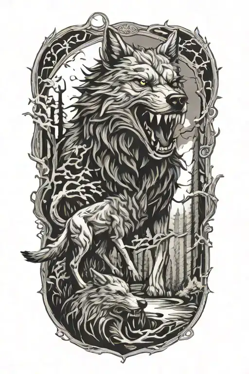 fenrir wolf and forest tattoo design idea