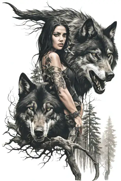 ferocious black evil wolf in the forest with beautiful woman tattoo design idea