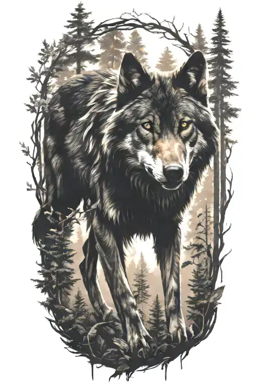 black wolf growling in forest scene and woman standing tattoo design idea