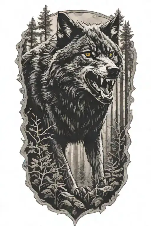 black wolf growling in forest scene tattoo design idea