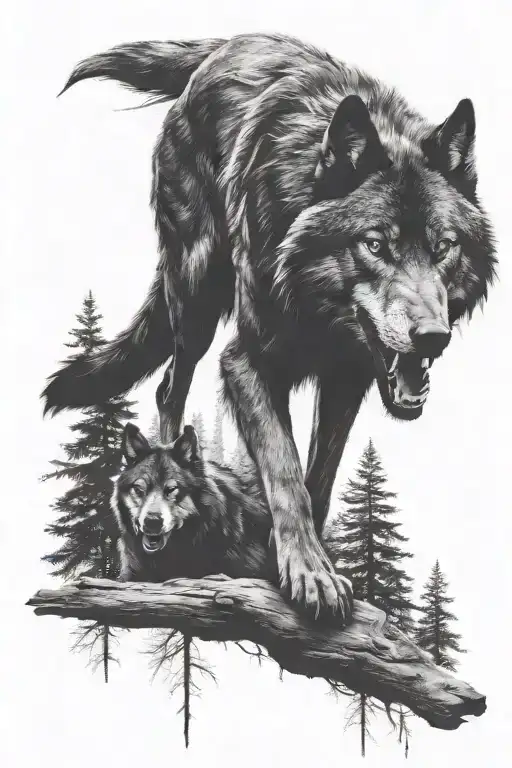 ferocious black evil wolf in the forest with beautiful woman tattoo design idea