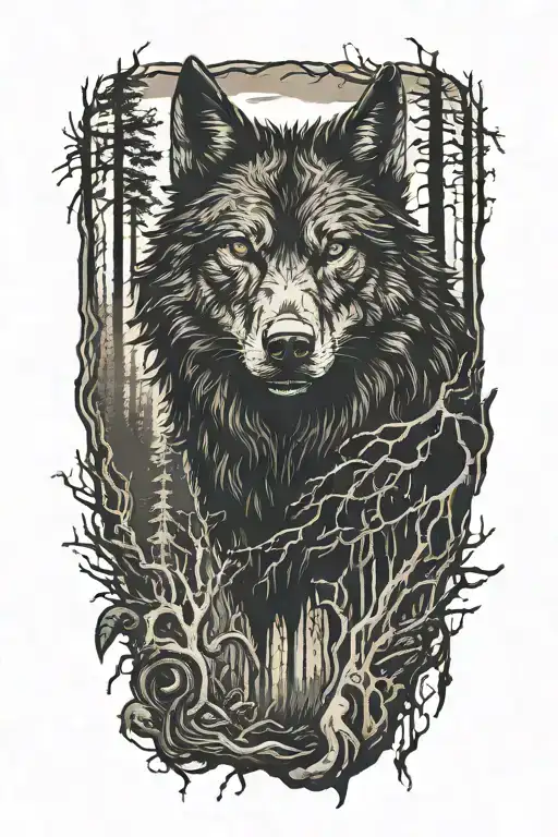 big black wolf in the forest  tattoo design idea