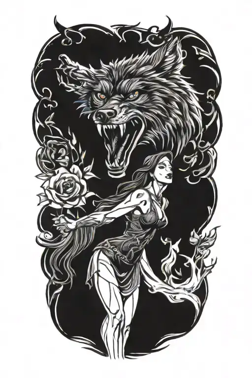 black wolf growling with woman standing tattoo design idea