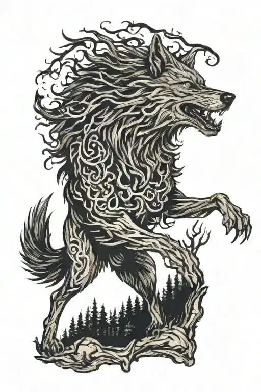 fenrir wolf and forest tattoo design idea