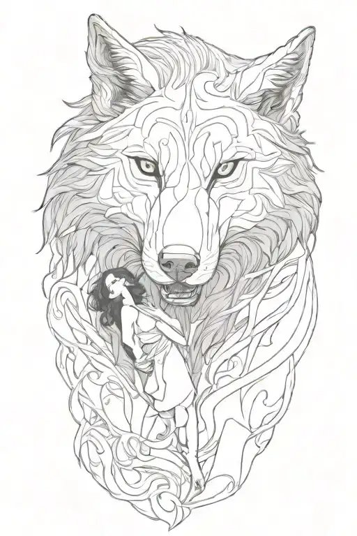 black wolf growling with woman standing tattoo design idea