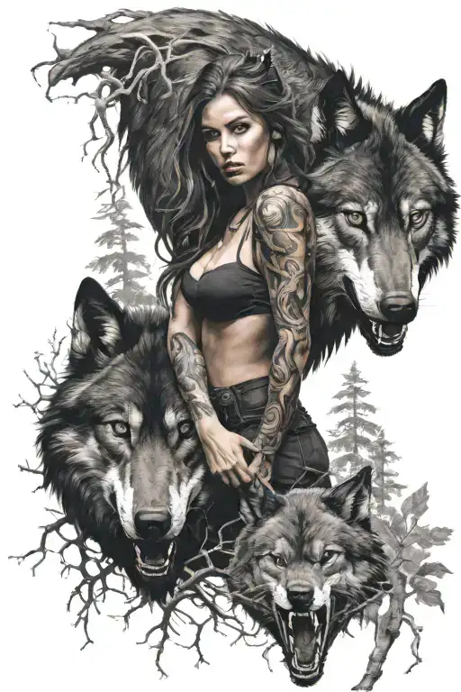 ferocious black evil wolf in the forest with beautiful woman tattoo design idea