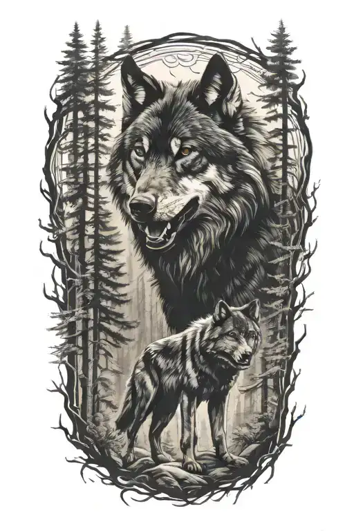 black wolf growling in forest scene and woman standing tattoo design idea