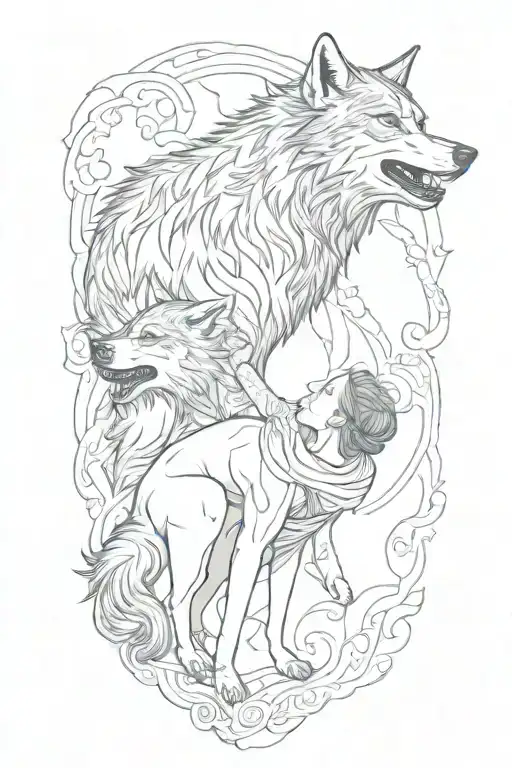 black wolf growling with woman standing tattoo design idea