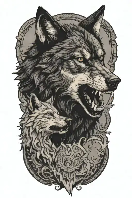black wolf growling with woman standing tattoo design idea