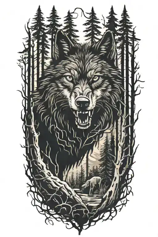 black wolf in the forest  tattoo design idea