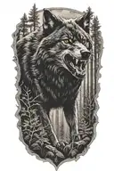 black wolf growling in forest scene tattoo design idea